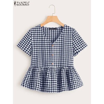 ZANZEA Women Elegant V Neck Gingham Blouses 2024 Summer Casu