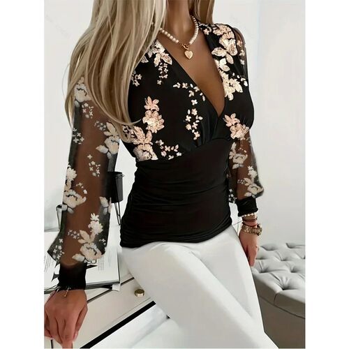 Elegant Printed Top Women Deep V-Neck Long Black Transparent