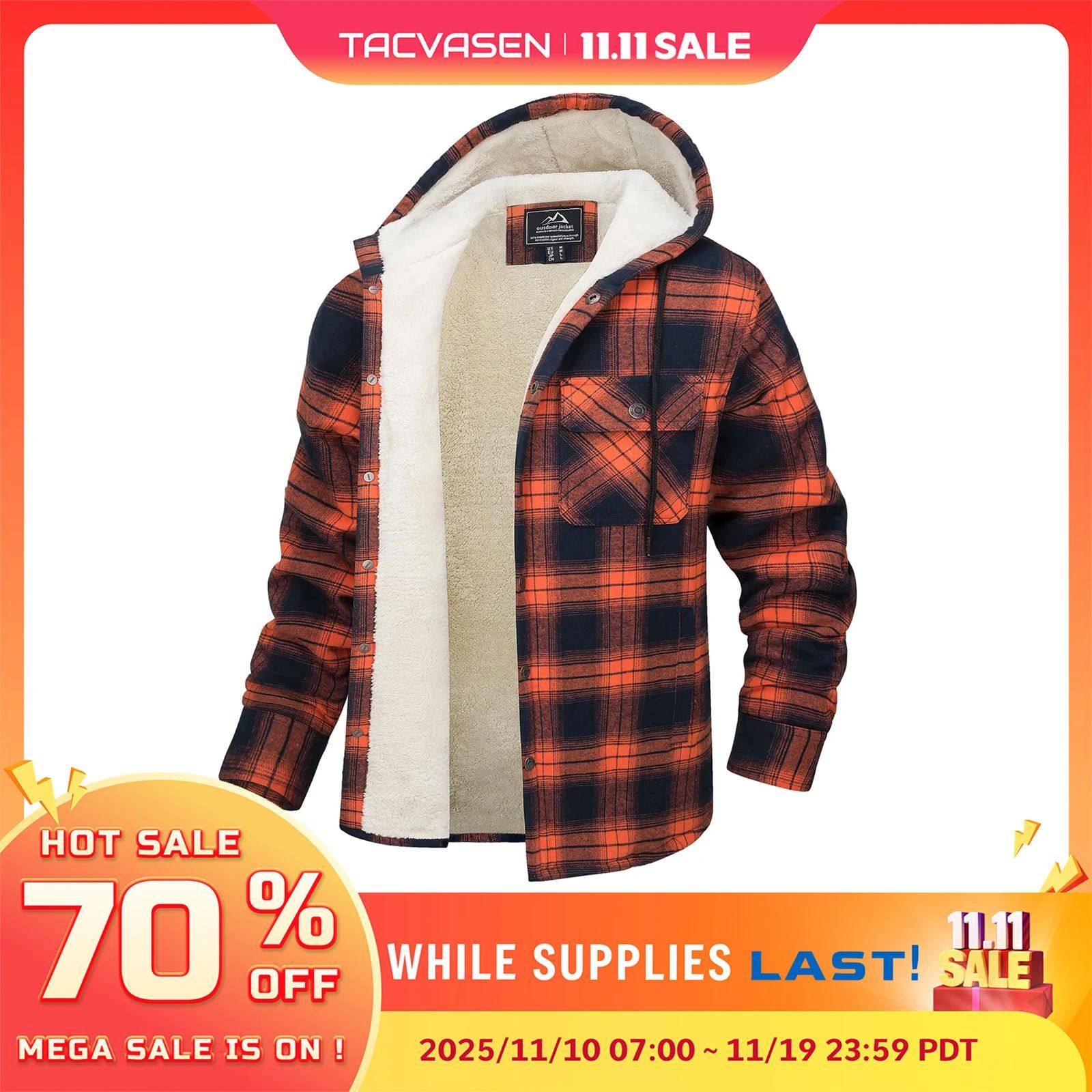 TACVASEN Sherpa Lined Flannel Jacket Mens Heavyweight Hooded