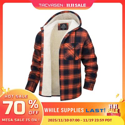 TACVASEN Sherpa Lined Flannel Jacket Mens Heavyweight Hooded