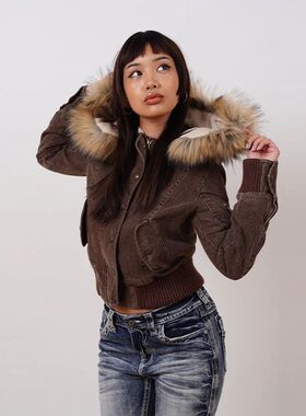 Vintage Brown Short Hooded Jacket Women's Full Sleeve Slim D