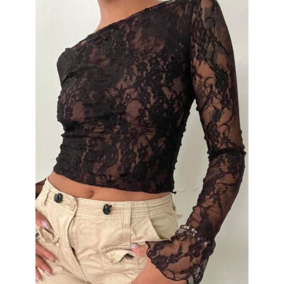 Y2k Floral Lace Going Out Crop Tops For Women Sexy Slim Fit
