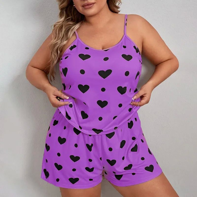 Plus Size Heart Print Women Pajama Set Sleeveless O Neck Cro