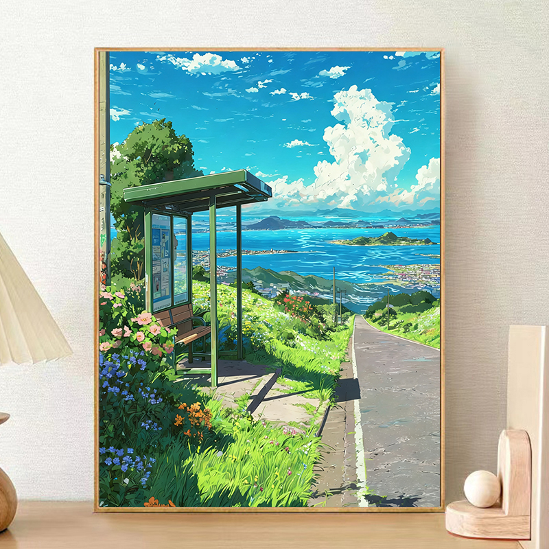 宝藏湾 数字油画diy风海巴士的咖啡香治愈填色多色填充数字画油画