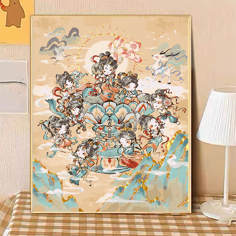 宝藏湾数字油画敦煌飞天纯画布可爱DIY填充卡通丙烯治愈充勾线