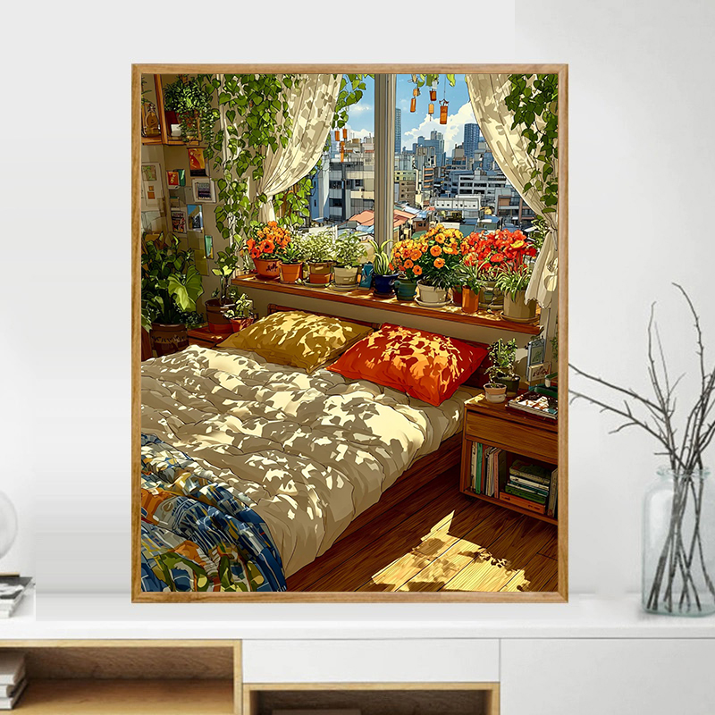 宝藏湾 数字油画diy暖阳绿居唯美治愈填色多色填充数字画独家画