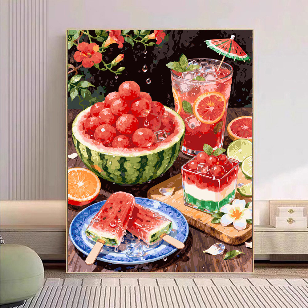 宝藏湾 数字油画di西瓜味的夏天唯美肌理画填充油画装饰画数字画
