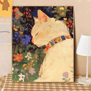 宝藏 饰画数字画 湾数字油画diy花间猫猫填充油画可爱填色丙烯画装