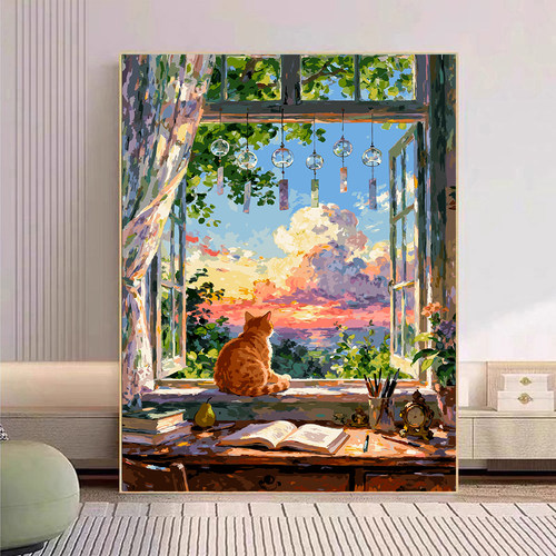 宝藏湾 数字油画diy橘猫与落日肌理画填充油画高难度装饰画数字画