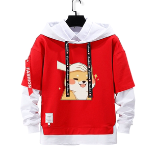 柴犬萌宠可爱卡通表情假两件连帽卫衣男女儿童装学生外套帽衫衣服