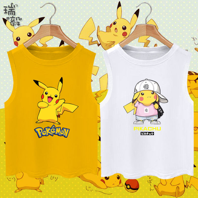 皮卡丘可爱联名精灵宝可梦纯棉背心男女大中儿童装学生无袖t恤衫
