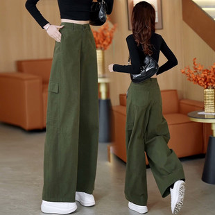 高腰显瘦酷飒风直筒阔腿裤 高档军绿色弯刀工装 2026新款 女春季 子 裤