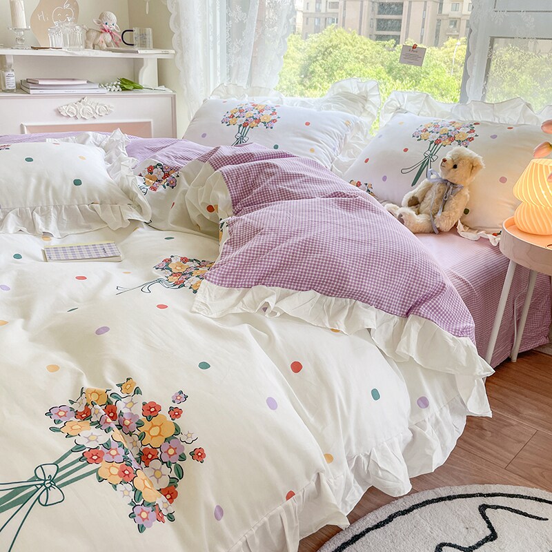 全棉纯棉斜纹小仙女公主风荷叶花边四件套床单床笠床裙单双人被套