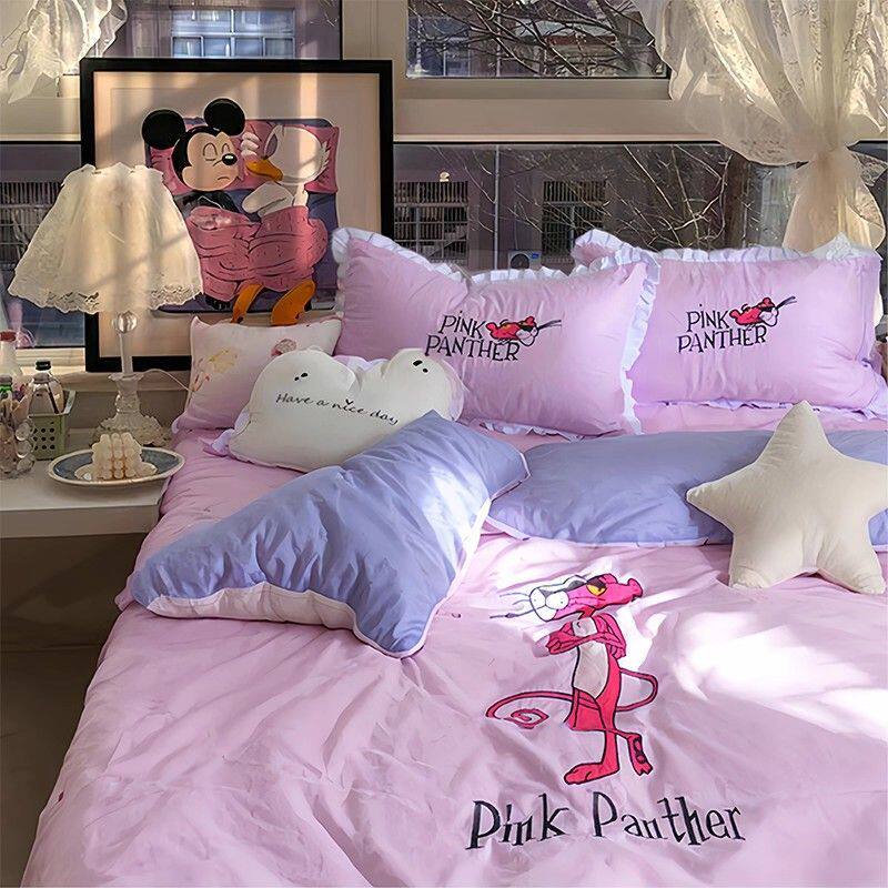 顽皮粉红豹卡通全棉三四件套纯棉被套刺绣花粉色床裙款少女心儿童
