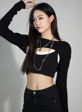 Twig春日辣妹搭配神器藏肉显瘦的针织袖套短上衣百搭单品时尚运动