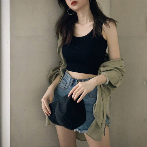 Short suspender with bottomed sleeveless suspender top, women's spring and summer Korean version solid color, outer tight navel revealing vest