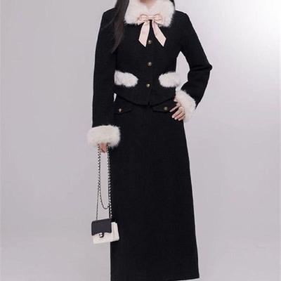 富家千金小香风时尚套装女秋冬加厚毛领外套+高腰半身长裙两件套