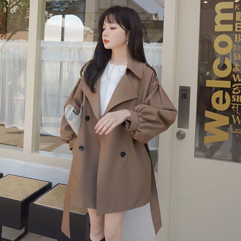 咖色短款风衣外套女宽松2025春秋装新款韩版ins小个子灯笼袖大衣
