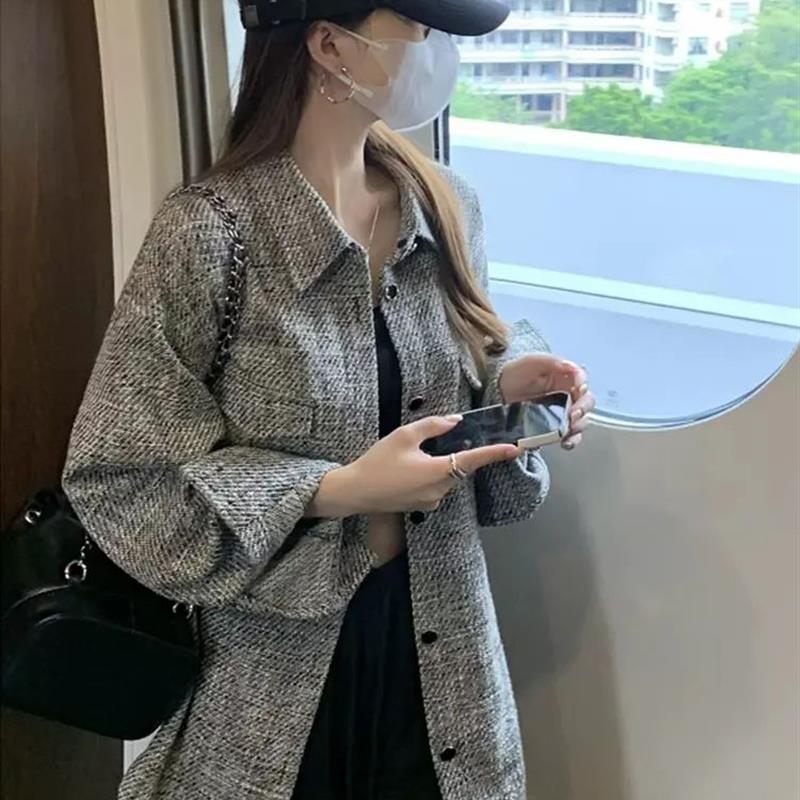 2024秋冬新款小香风polo领格子衬衫外套宽松慵懒韩系中长款上衣