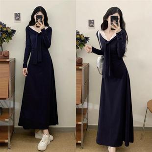 大码法式蕾丝V领绑带连衣裙女秋季胖MM高级感梨型身材内搭长裙子