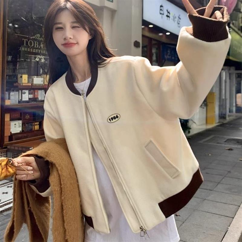 韩系胖mm300斤学院风棒球服外套女秋冬减龄独特设计感加厚上衣ins