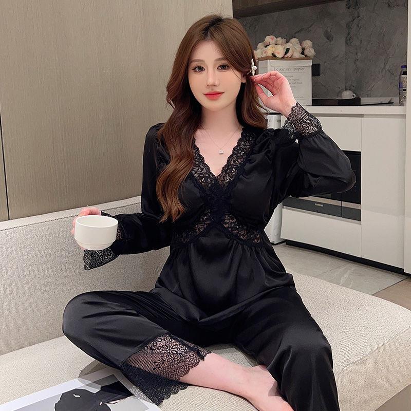 洋气带胸垫性感蕾丝睡衣套装春夏款高颜值时尚冰丝v领奢华家居服