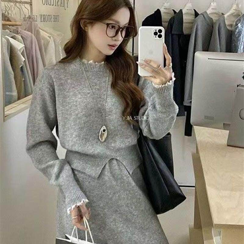 秋冬季两件套蕾丝拼接设计感针织毛衣半身长裙韩版加厚遮肚套装潮