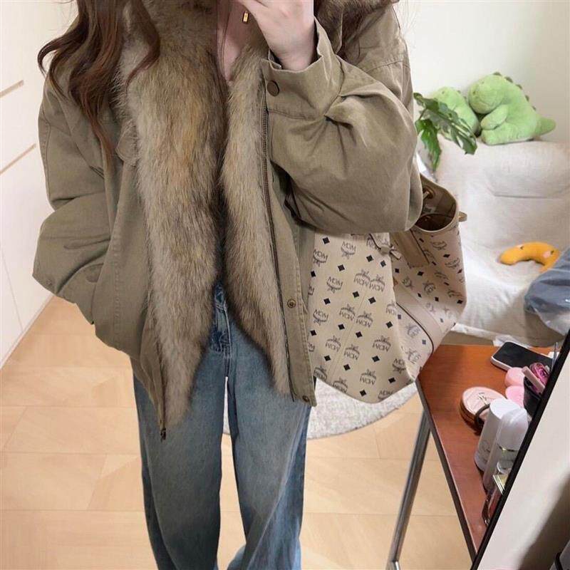 大毛领外套女冬2025新款设计感宽松百搭加棉加厚保暖军绿色派克服