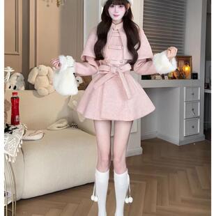 英剧小魔女 秋冬新款财阀千金可拆卸小个子斗篷毛呢大衣两件套装