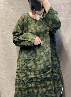 2024春季新款 复古炒色亚麻印花V领连衣裙国风碎花中长款宽松袍子