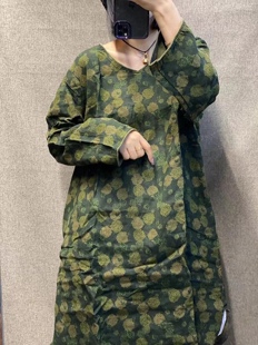 2024春季新款 复古炒色亚麻印花V领连衣裙国风碎花中长款宽松袍子