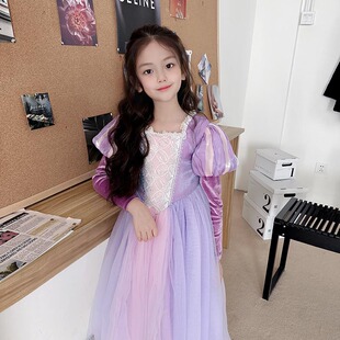 女童长发公主乐佩紫色连衣裙梦幻泡泡袖网纱裙中小童甜美连衣裙仙