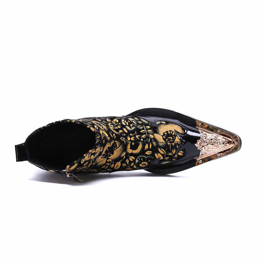 外贸尖头真皮牛皮男靴个性高跟骑士靴铁头男鞋欧美美发师高帮靴子