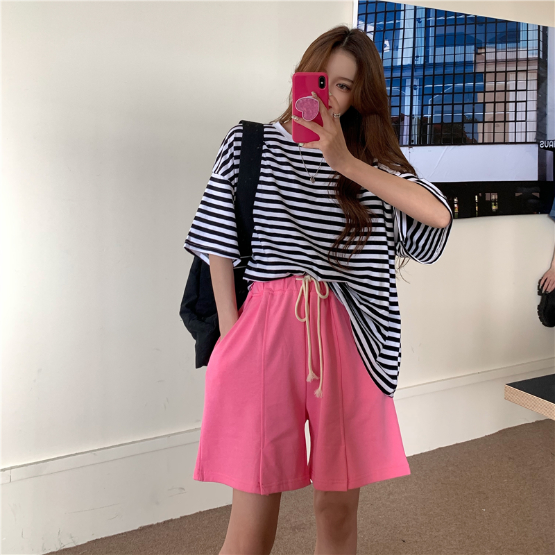 Real price; casual stripe round neck Short Sleeve T + Split leisure beach sports shorts