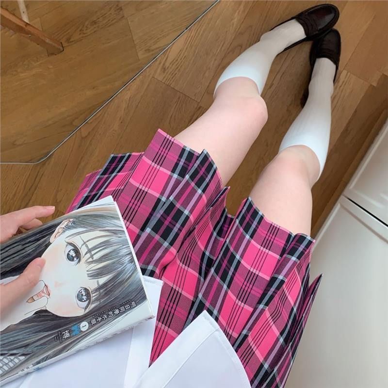 小玫/原创春夏校供感jk格裙学生a字半身裙学院风玫红百褶裙短裙