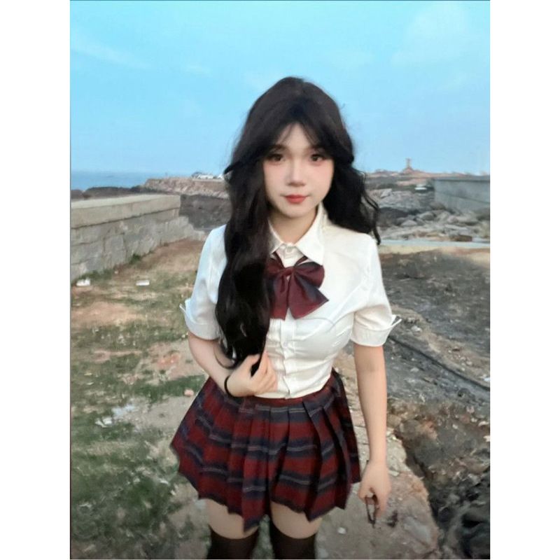 套装新学院风jk制服女短袖纯欲风紧身收腰白色衬衣半身短格裙新款