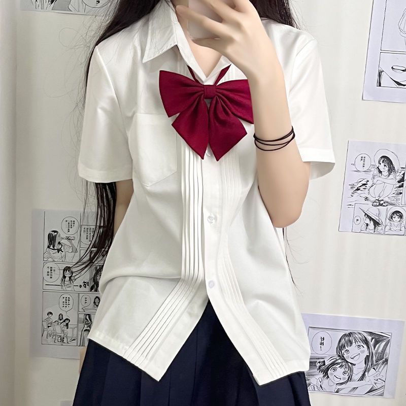 正版jk原创纯色风琴褶衬衫女日系学院风夏季百搭制服短袖宽松衬衣