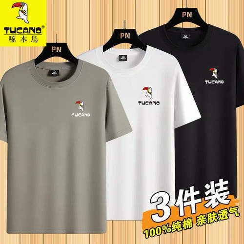 啄木鸟纯棉短袖T恤男夏季新款圆领百搭半袖男士休闲圆领体恤上衣