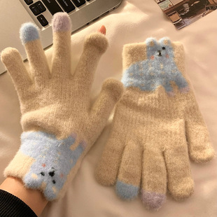 可爱腊肠狗露指触屏毛绒针织手套女冬季 保暖学生加绒厚防寒骑行车