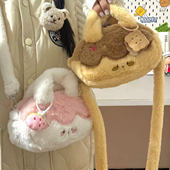 春季 新款 港风可爱ins风甜心烘焙手提毛绒单肩包洋气少女斜跨背包