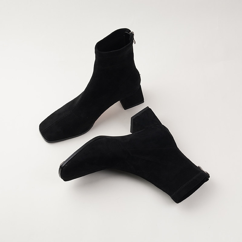 SMALL CARAT AUTUMN AND WINTER STYLE LIGHT KHAKI SQUARE TOE BOOTS SKINNY BOOTS MID-HEEL BLOCK HEEL ELASTIC SOCK BOOTS AND FLEECE 5CM