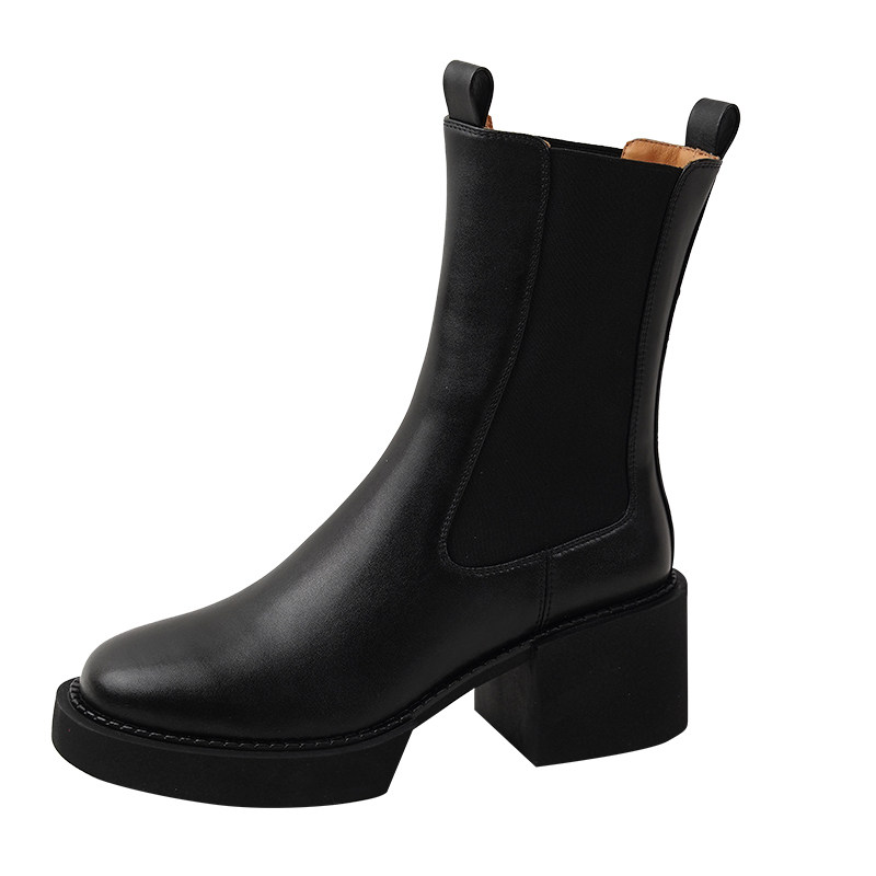 SMALL CARAT AUTUMN AND WINTER NEW LEATHER BOOTIES BLOCK HEEL HIGH HEELS PLATFORM SOLES CHELSEA BOOTS SMALL MID-RISE BOOTS MARTIN BOOTS