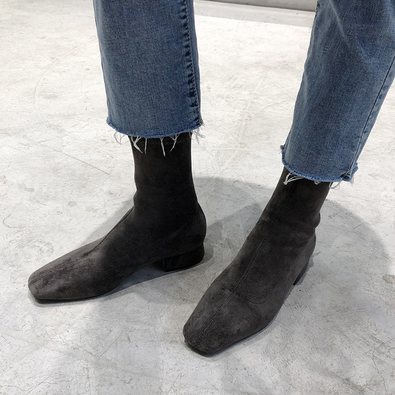 SMALL CARAT SQUARE TOE BOOTS SUEDE SKINNY BOOTS WOMENS AUTUMN WINTER 2024 VELVET WARM FLAT HEEL ELASTIC BOOTS COFFEE