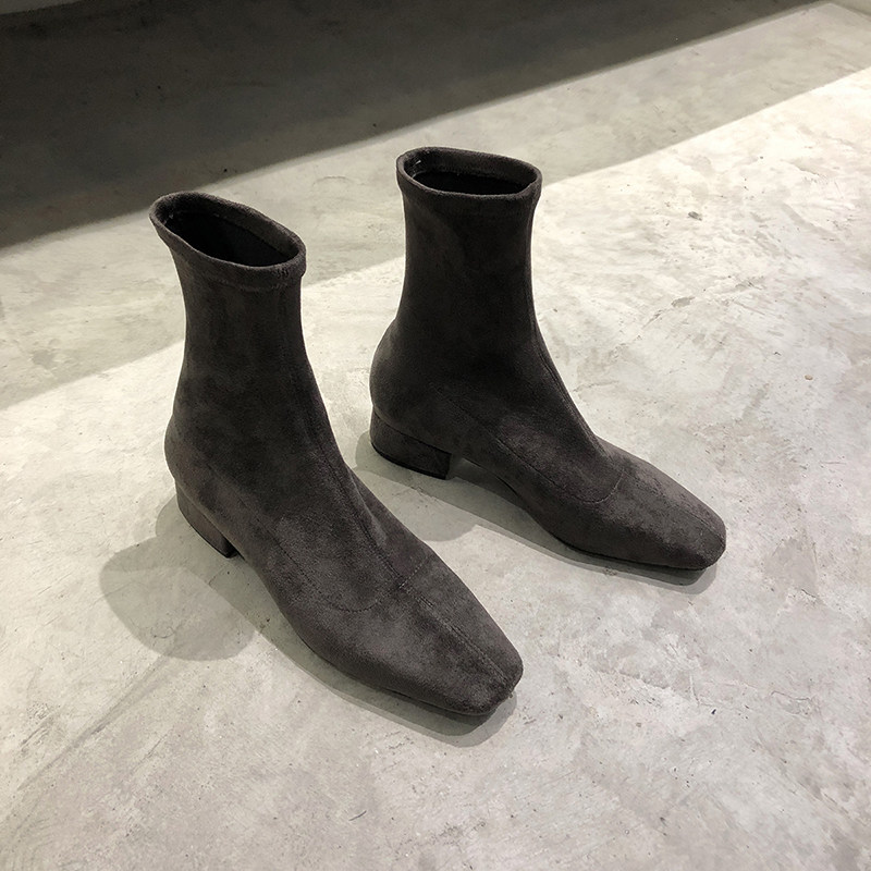SMALL CARAT SQUARE TOE BOOTS SUEDE SKINNY BOOTS WOMENS AUTUMN WINTER 2024 VELVET WARM FLAT HEEL ELASTIC BOOTS COFFEE