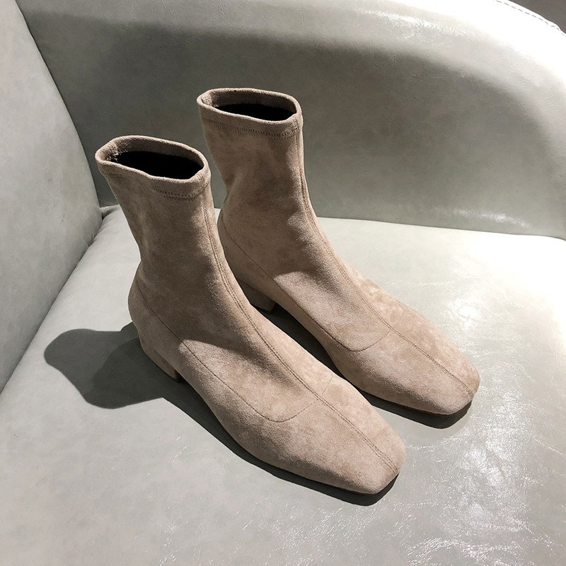 SMALL CARAT SQUARE TOE BOOTS SUEDE SKINNY BOOTS WOMENS AUTUMN WINTER 2024 VELVET WARM FLAT HEEL ELASTIC BOOTS COFFEE