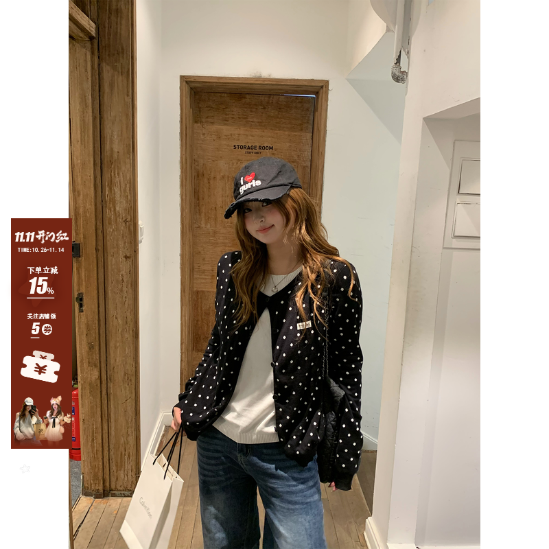 你的鱼 韩女设定 韩系微胖mm黑白波点假两件圆领显瘦针织上衣