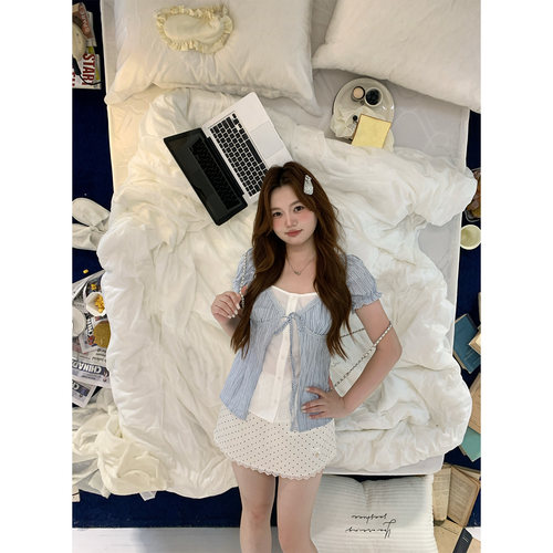 你的鱼 诺丁山假日 韩系微胖mm甜美夏日条纹假两件娃娃衫半裙套装