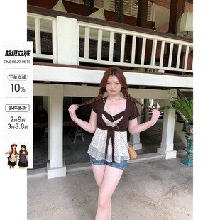 你的鱼 栗瑟茶歇 韩系微胖mm春夏碎花拼接吊带绑带短袖开衫套装
