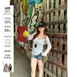 你的鱼 冰沙莫吉托 韩系微胖mm春夏轻薄V领微透罩衫上衣挂脖吊带