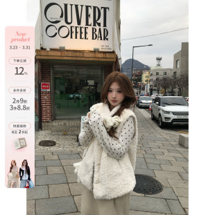 鱼 套装 焦糖落日 毛绒马甲叠穿波点上衣长裤 韩系微胖mm春款 你